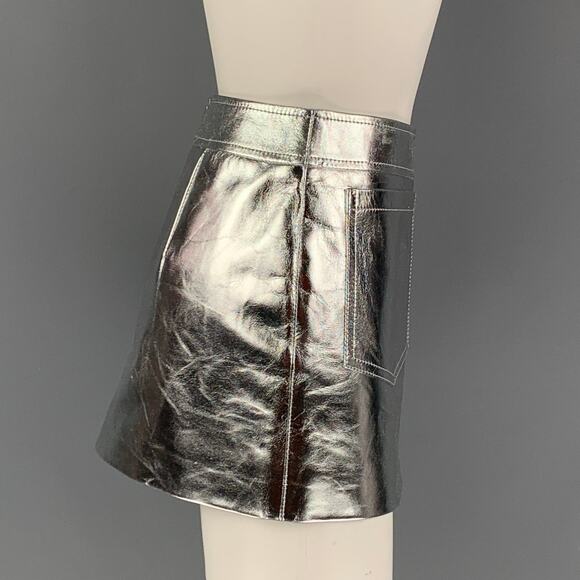 SAINT LAURENT 2022 Size 4 Silver Leather High Waist Mini Skirt - Picture 2 of 7